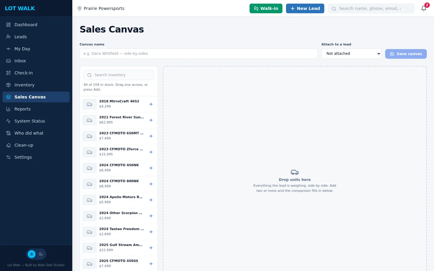 Lot Walk Sales Canvas: units from stock lined up side by side for one buyer